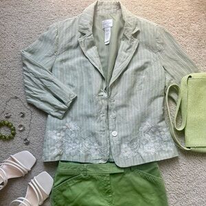 Green & White Striped Blazer with Floral Embroidery